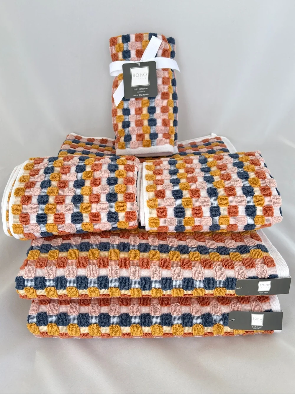 NWT 6 Pc Soho Living Cotton Bath Towel Set Retro Checkerboard Fall Decor Ochre